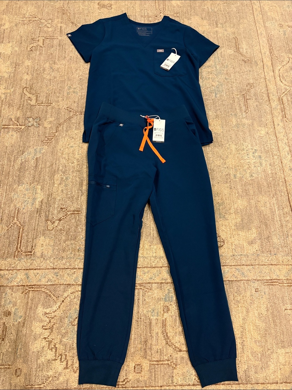 Figs Scrubs Womenβs jogger Set in deep reef with Orange Drawstring